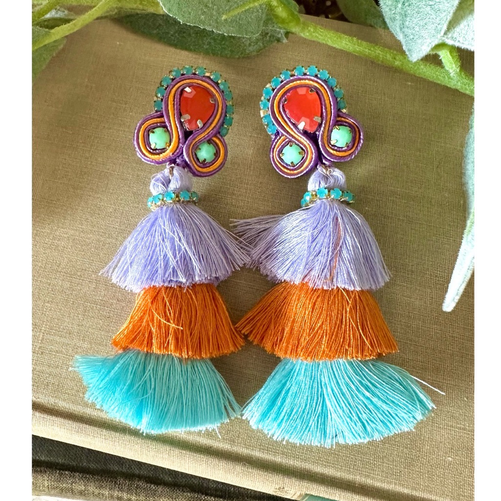 Treasure Jewels Embellished Purple/Orange/ Turquoise Soutache Tassel Earrings
